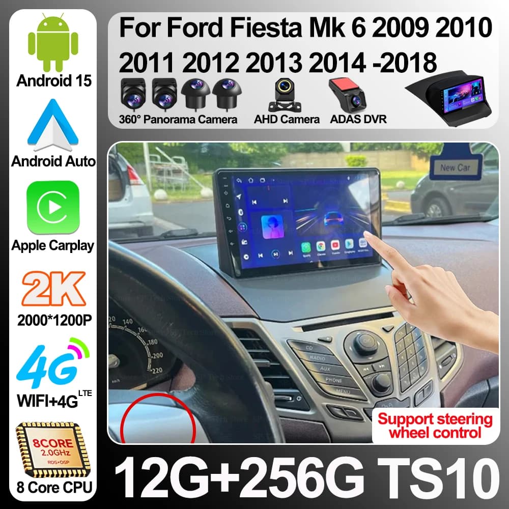 Autoradio Android 16 con Carplay per Ford Fiesta Mk 6 2008-2019, Lettore Multimediale con Wifi+5G, DSP, GPS, 2 Din, Touch Screen, Bluetooth