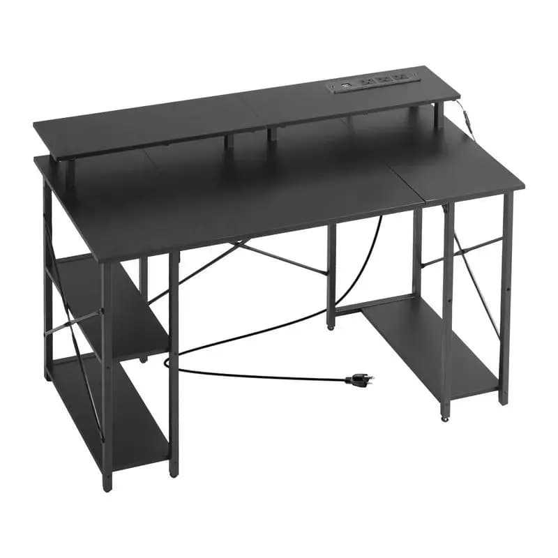 Scrivania da Gaming 47 Pollici con Luci LED e Prese di Corrente, Scrivania per Computer con Supporto Monitor e Ripiani a 2 Livelli, Postazione di Lavoro per Ufficio Domestico, Nera