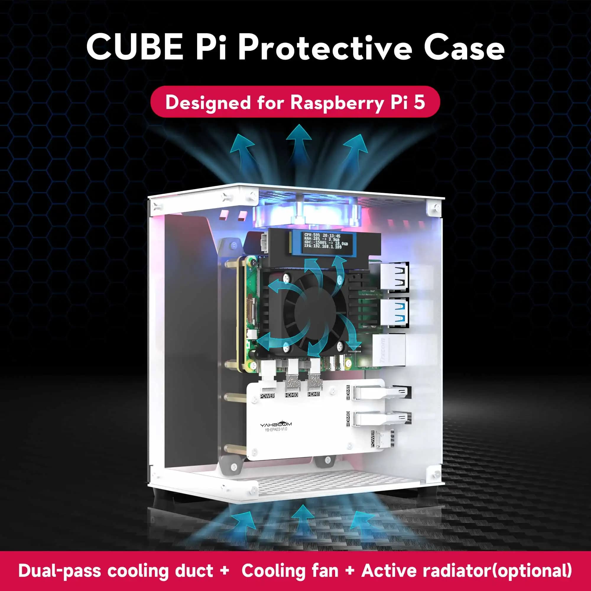 Protective kit case Raspberry Pi 5 with cooling fan Colorful light RGB and display screen 0,96 Support electronic shell DIY SSD M.2