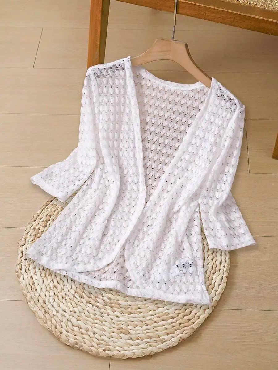 Cardigan Bianco all'Uncinetto con Maniche a 3/4 per Donna, Ideale per l'Estate