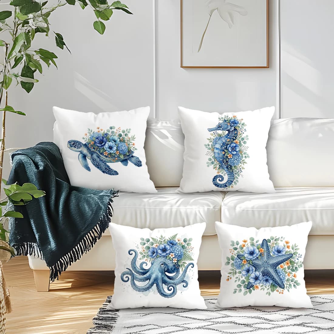 4 Pezzi Fodere per Cuscini con Stampa Floreale Marina, Stampa su un Lato, 40/45/50CM, Copricuscino Decorativo per Divano, Arredamento Casa