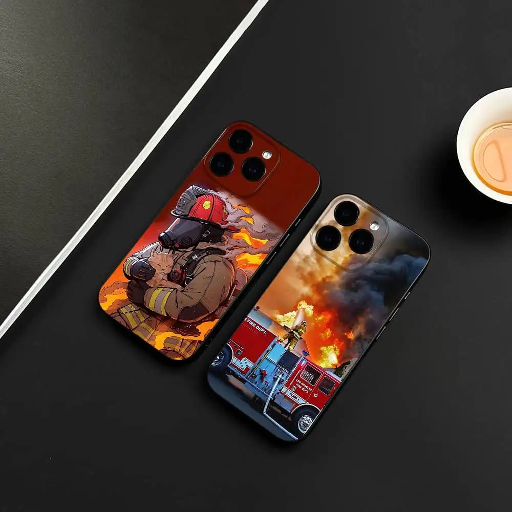 Fireman Firefighter Extinguish Fire Liquid Silicone Case For iPhone 17 16 15 14 13 12 11 Pro ProMax Mini Plus Soft Protective