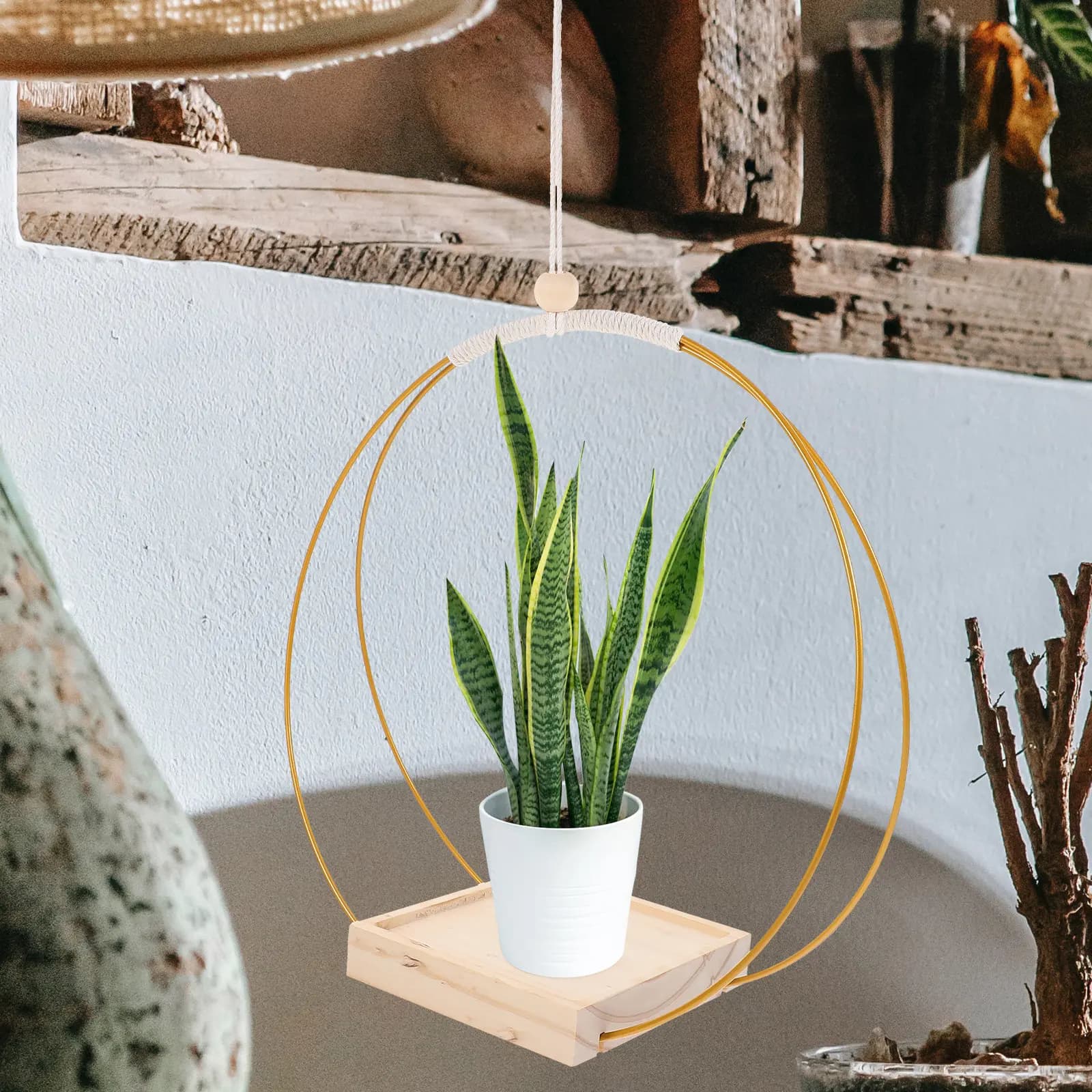 Robusto Supporto in Legno per Piante Sospese, per Balcone e Giardino, Porta Vasi da Esterno con Ganci, Scaffale Multi-Livello per Piante in Vaso