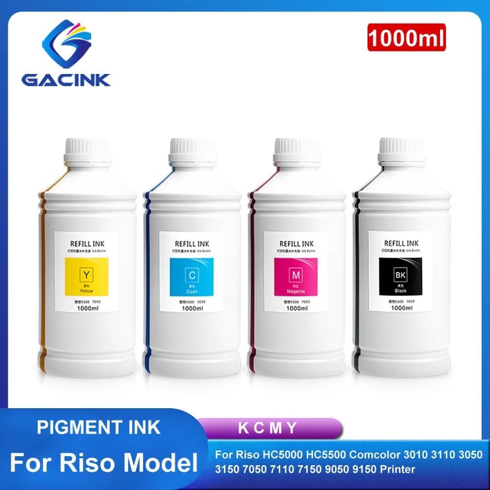 Inchiostro Pigmentato Ricaricabile da 1000ml per Stampanti Riso HC5000 HC5500 e Comcolor 3010 3110 3050 3150 7050 7110 7150 9050 9150 di Qualità Professionale