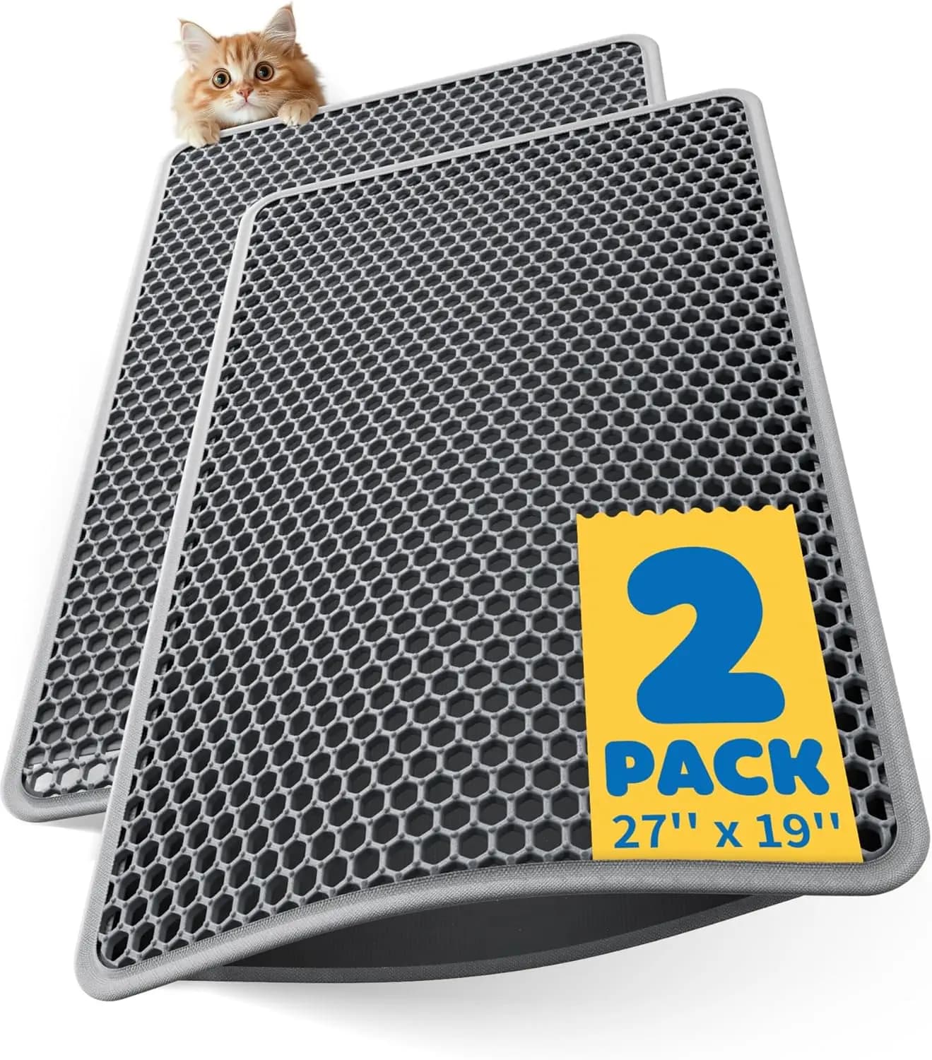 Tappetino per lettiera per gatti 27" x 19" (confezione da 2) - Tappetino a doppio strato ultra grande, resistente agli urini, antiscivolo, facile da pulire, grigio