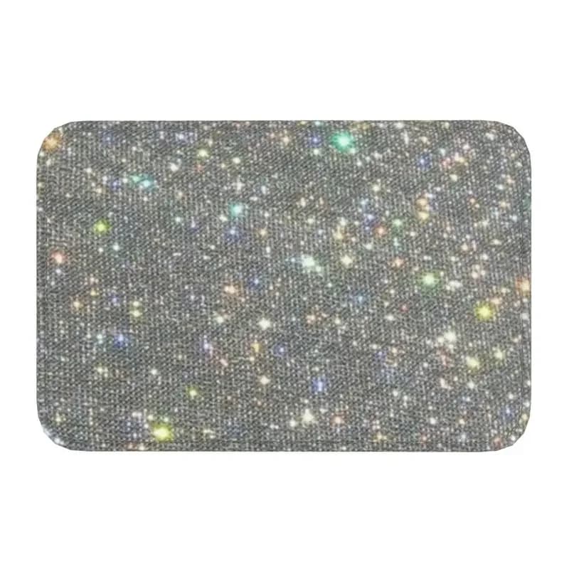 Tappetino per porta d'ingresso con design glitterato argento, antiscivolo, per esterni, impermeabile, con diamante, zerbino, pavimento, bagno, ingresso