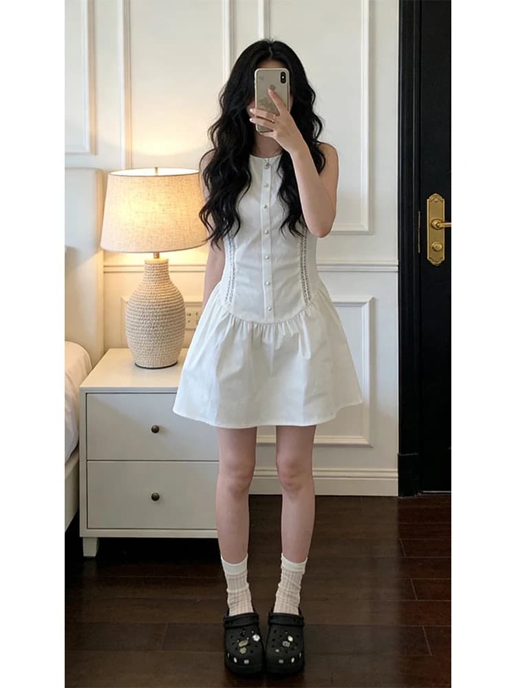 Sweet Style White Hollow out Design Vest Dress Slimming Beautiful Short Skirt Spring New Arrival Small Size Girls Fashion