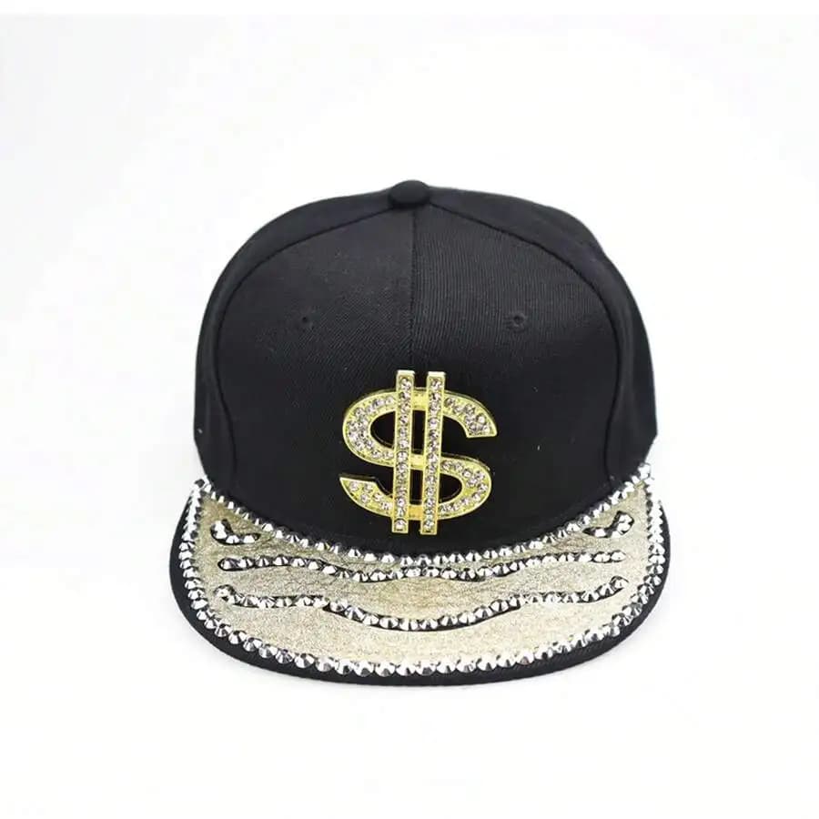 Cappello Snapback Hip Hop con Decorazione in Strass a Forma di Simbolo del Dollaro, Unisex, Stile Streetwear
