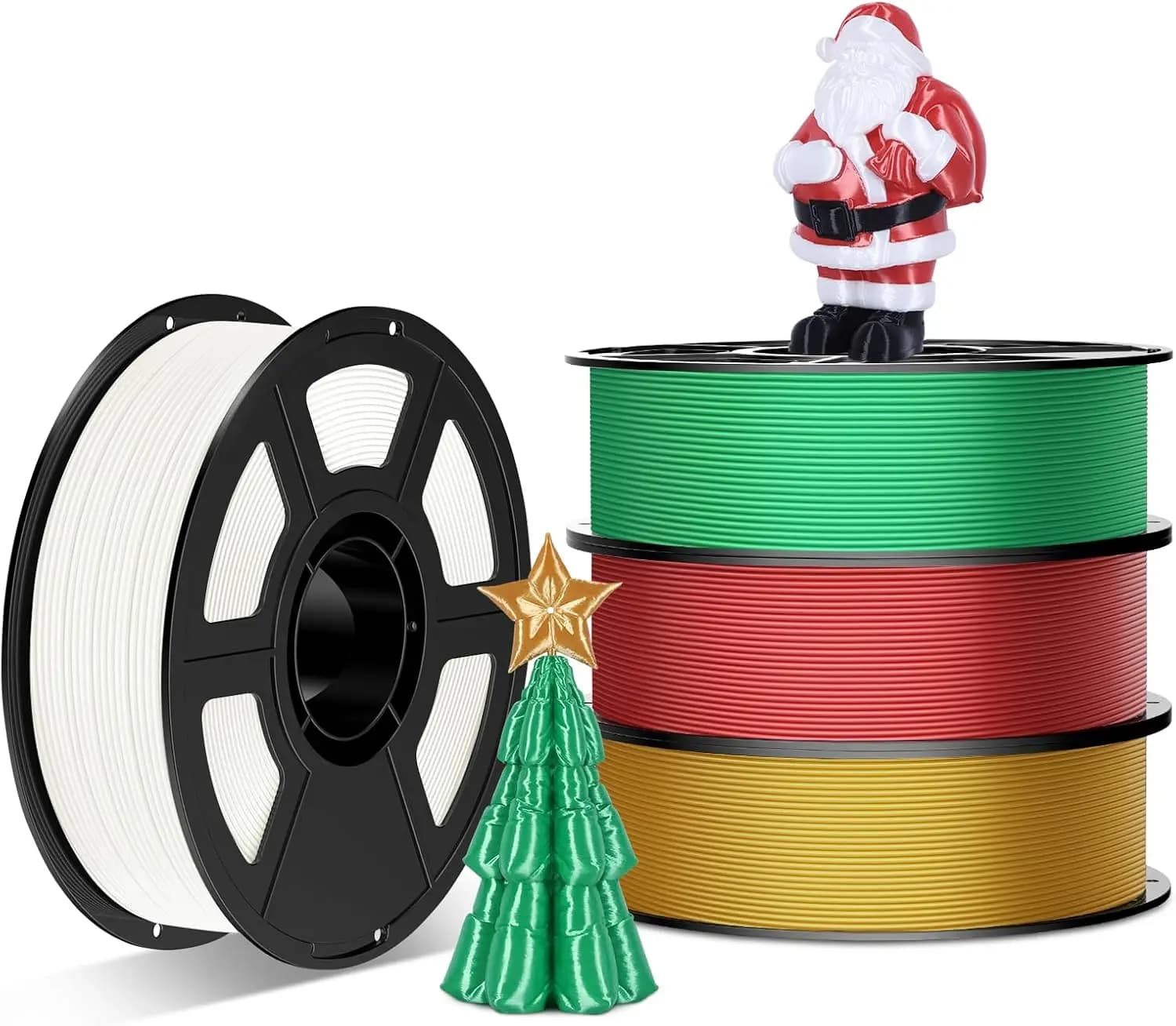 Confezione da 4 Filamenti PLA Natalizi 1.75mm, 4kg Totali in Colori Festivi per Stampanti e Penne FDM