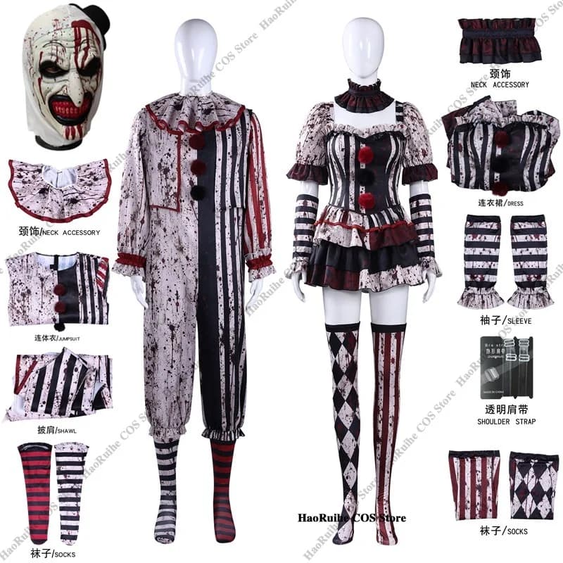New Terrifier Art Clown Joker Cosplay Costume Mask Socks Men Jumpsuit Women Role Play Horror Dress Suit Halloween Carnival Party