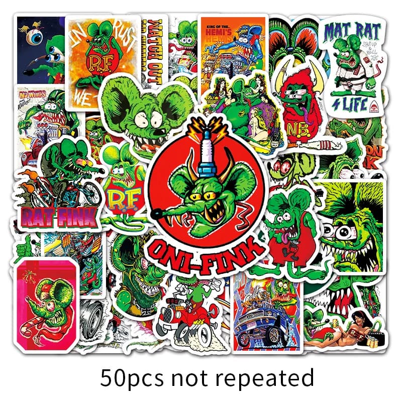 50pcs Rat Fink Graffiti Stickers DIY Cute Cartoon Graffiti Decals for Phone Notebook Suitcase Funny Kids Toy