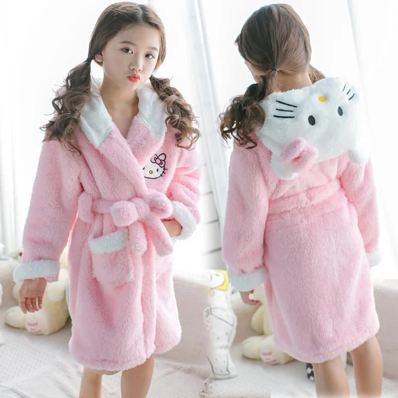 Hello Kitty Miniso Nightshirt in coral fleece for children fall winter pajamas often with bathrobe hood for mother and daughter flannel