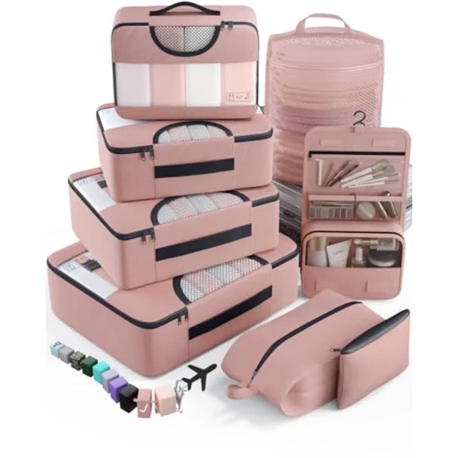 Set of 8 Cubes Organizers for Valigies, Travel Accessories in 4 Measures, Hand Bag Organizers with Spacious Linen Parts