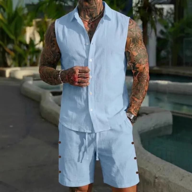 Men's suit 2 pieces in textured linen: sleeveless shirt with buttons and shorts with drawstring, casual beach, with side details with buttons