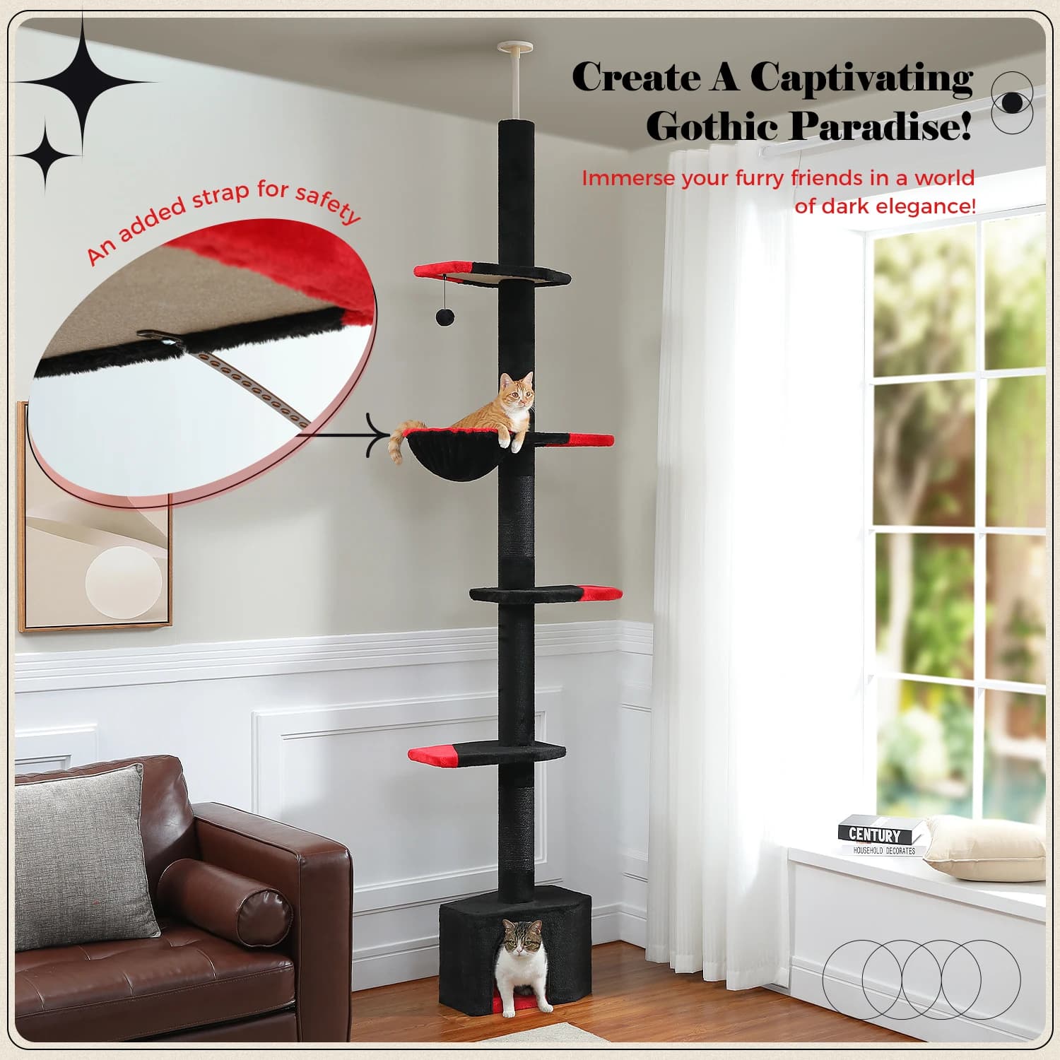 Gothic cat tree, cat tower from the floor to the ceiling with adjustable height Condo for black cats at 5 levels with comfortable scratching for hammock