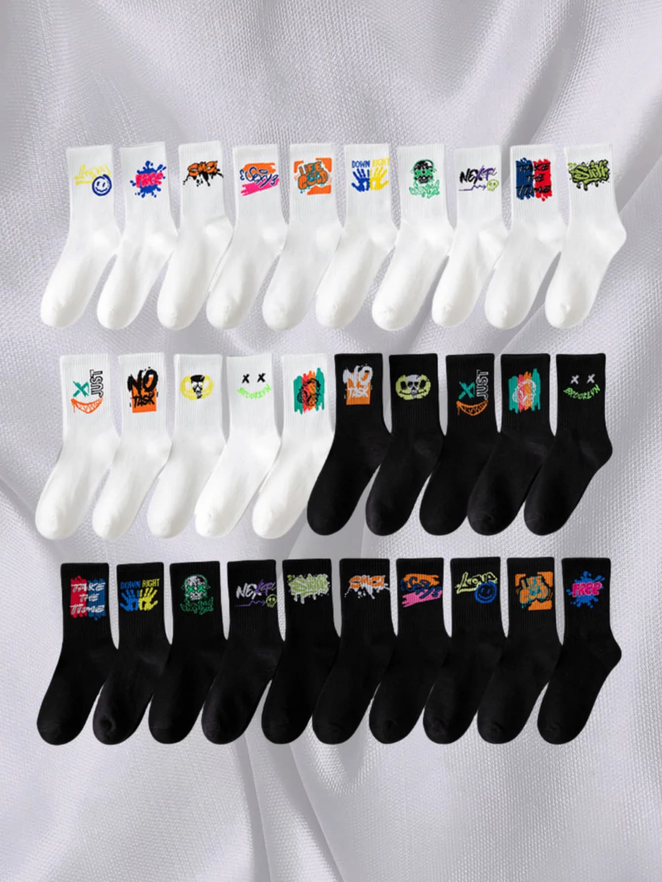 3/5/7 Random Couple Long Socks Student Sports Basketball Socks ,Crew Socks ,White Black Cotton Socks Men's Mid-Calf Socks