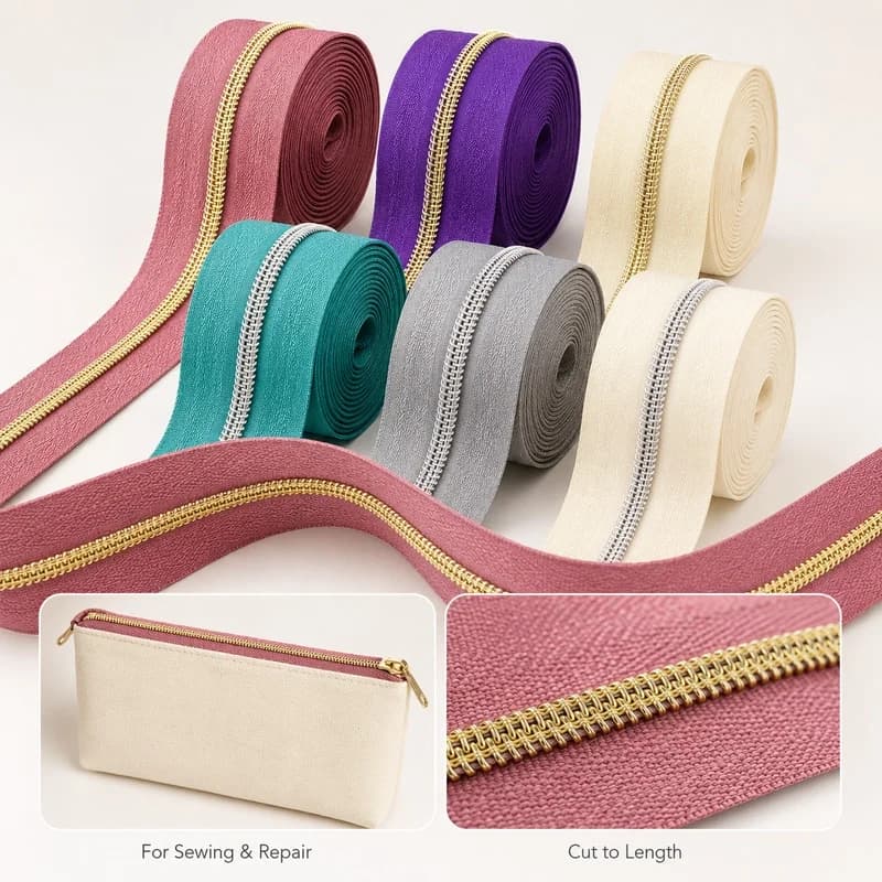 20/50/100M 5# Nylon Zipper Tape Gold Silver Teeth Coil for Sewing Bag Purse Garment Jacket Repair Continuous Zip Replacement Kit