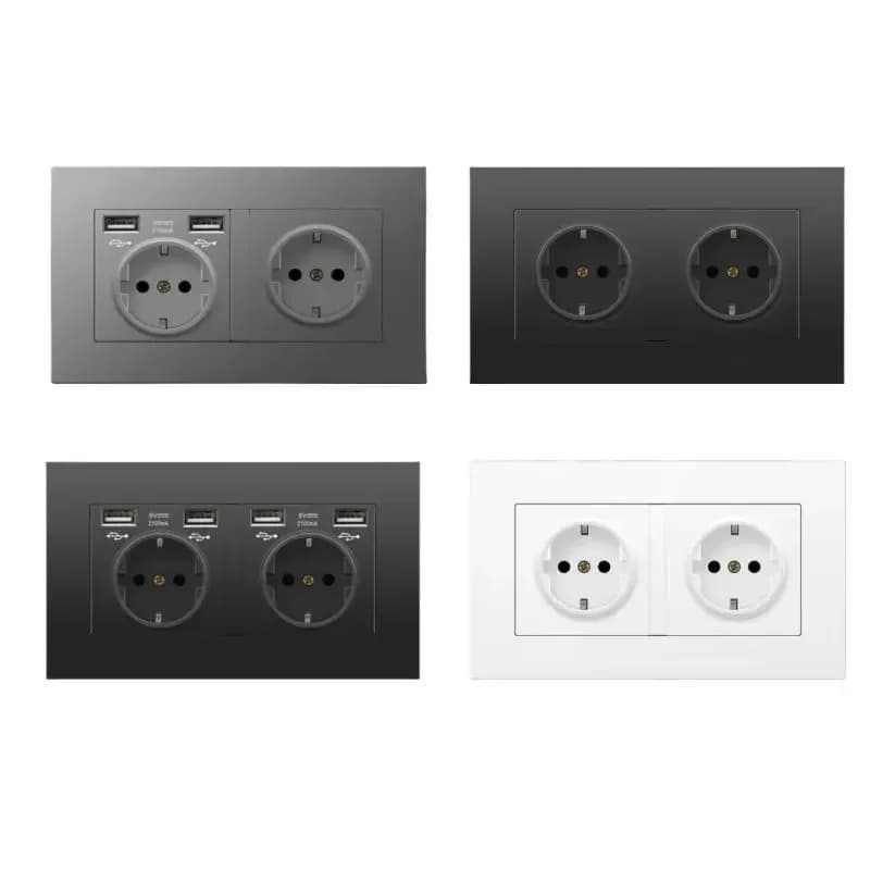 Presa a muro doppia 16A standard europea per PC nera con porta di ricarica USB, adattatore per presa USB 220V presa di corrente 146mm * 86mm
