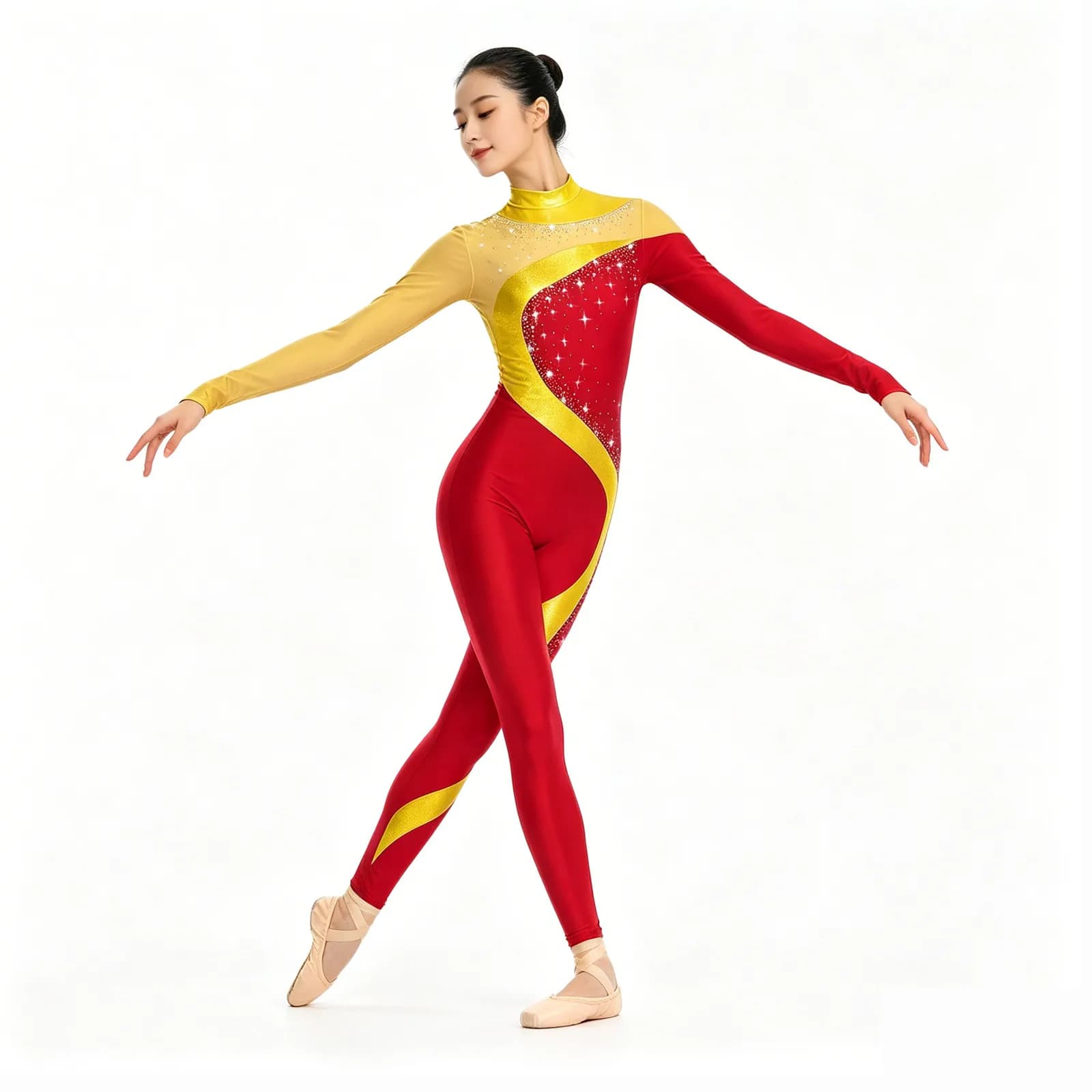 Costume da donna per ginnastica ritmica metallizzata, pattinaggio di figura, balletto unitario, tuta a maniche lunghe, atletica, danza classica