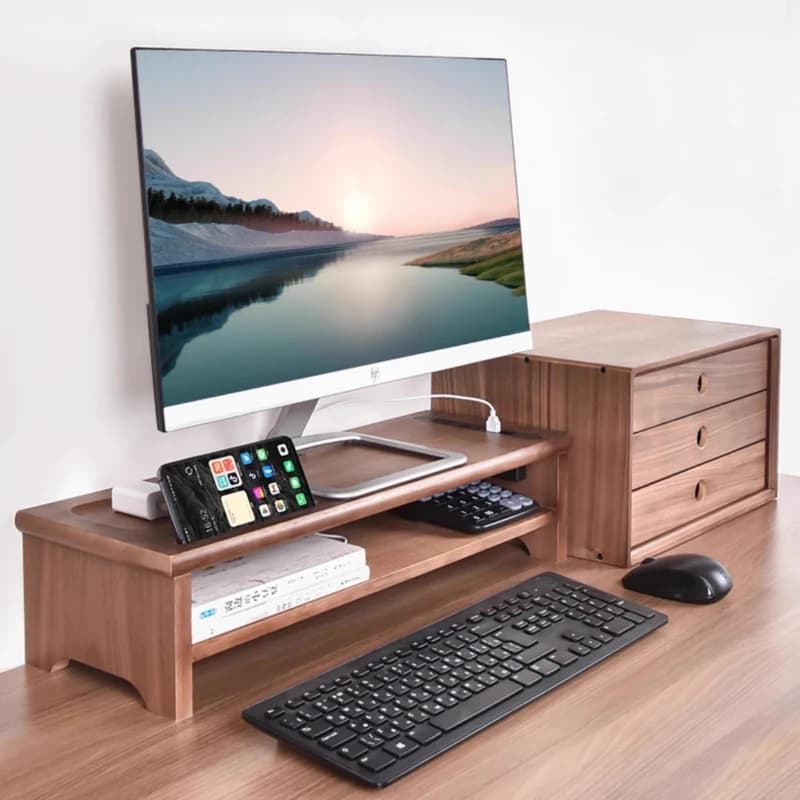 ‌Solid Wood Monitor Stand, Desktop Organizer with USB Ports, Ergonomic Screen Riser, Multi-Functional Storage Shelf for PC Setup