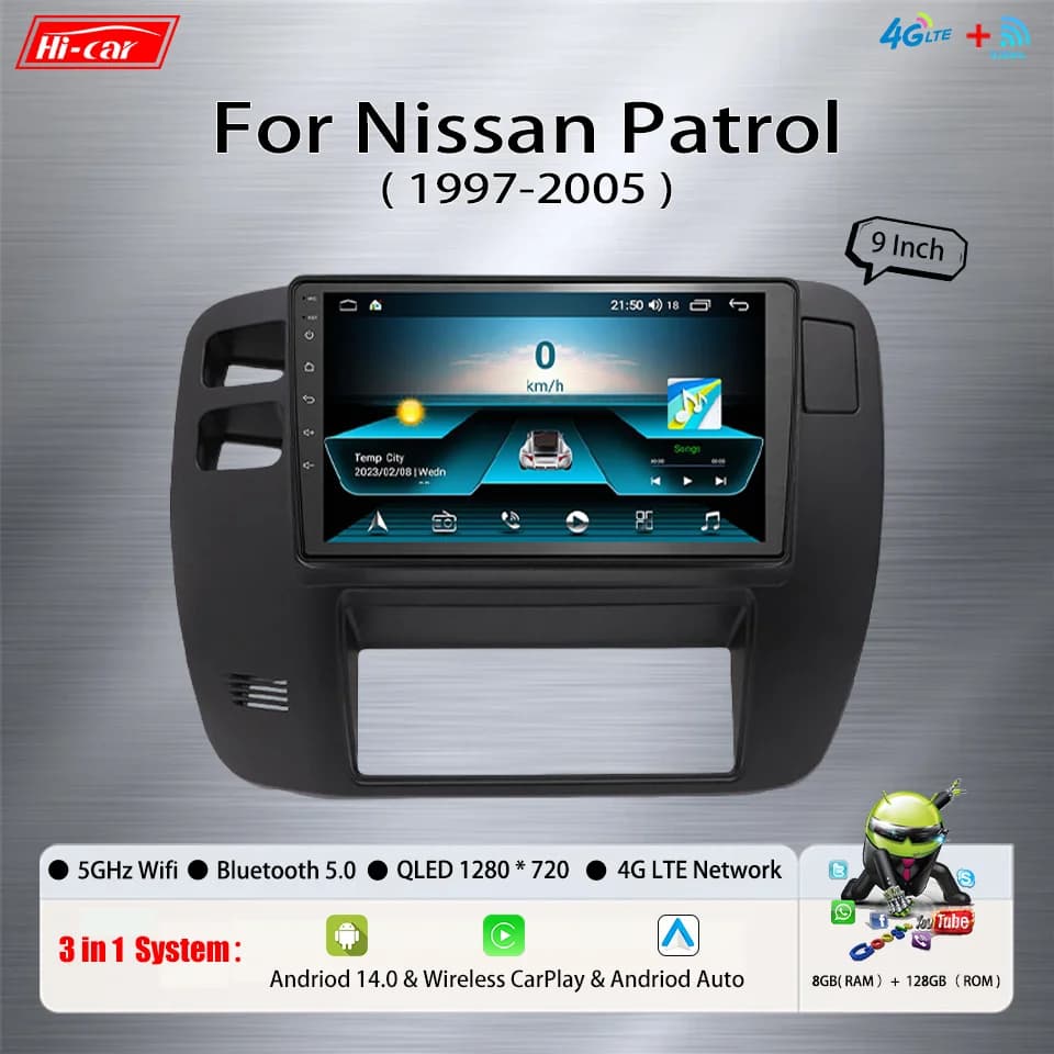 Car Radio For Nissan Patrol 1997-2005 Android 14 Wireless CarPlay & Android auto 4GLte+5GWifi Multimedia Video Player stereo BT