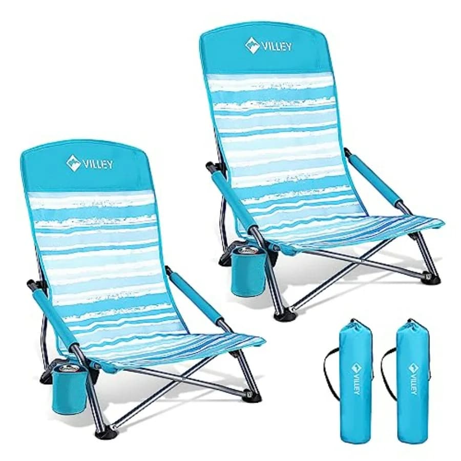 Low Beach Chairs for Adults 2 Pack, High Back Folding Beach Chairs, Lightweight and Portable for Outdoor, Beach, Camping, Lawn,