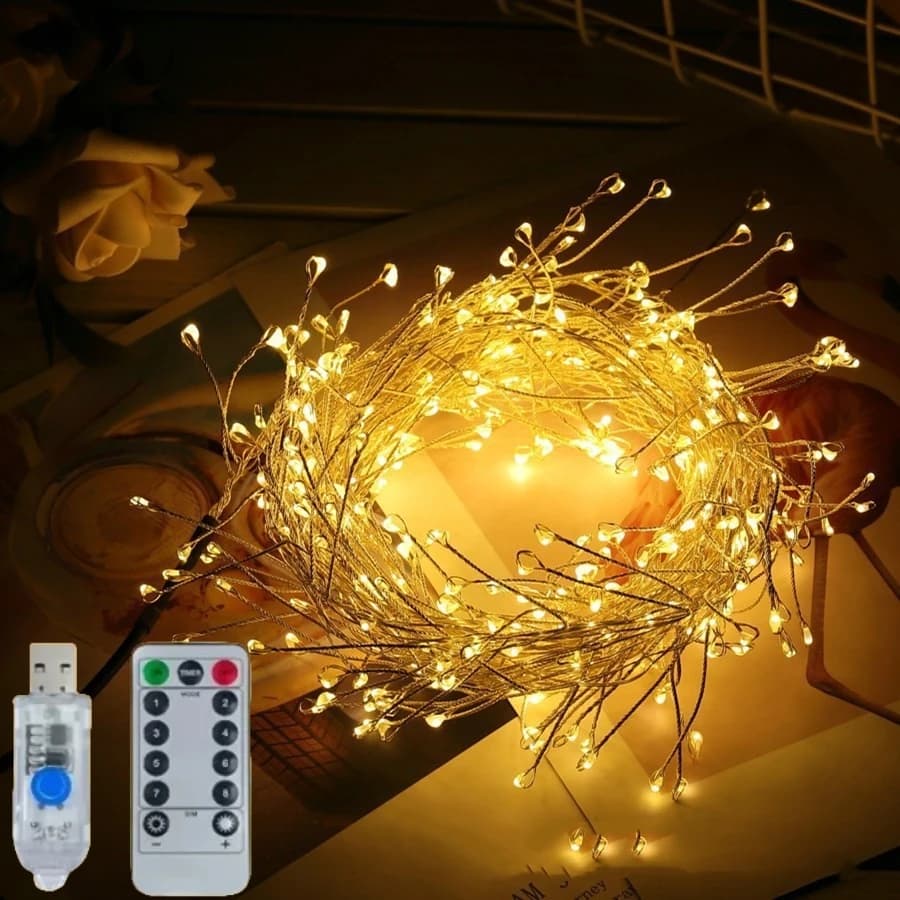 Luci LED a Grappolo con Filo Argentato USB da 1,5/3/6M, Luci Scintillanti a Forma di Petardi, Luci Fatate per Feste, Matrimoni e Decorazioni Natalizie