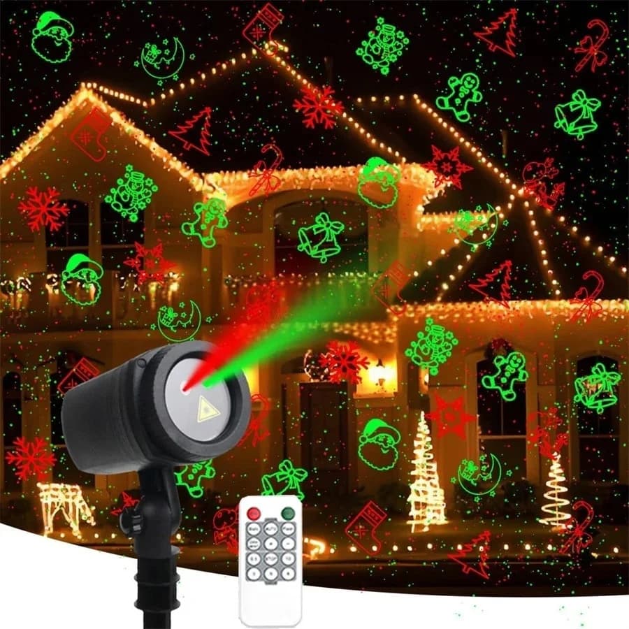 Proiettore Laser Natalizio con 12 Motivi, Luci Esterne Rosse e Verdi per Feste di Natale, Decorazioni per Casa e Giardino