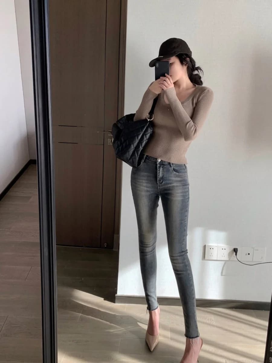 High Waist Faionable Women's Jeans Elastic Cotton Stretch Pencil Nine Points Pants Spring Wear Resistant Blue Color