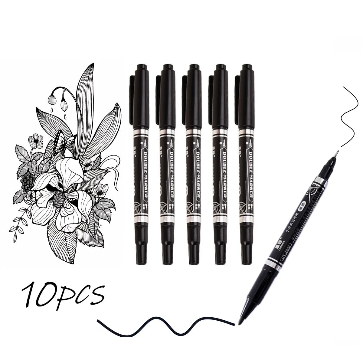 10pcs Dual-Tip Permanent Markers – Black Ink, Fine & Thick Tips – Ideal for Drawing, Calligraphy, Sketchbooks, Fabric, Wood