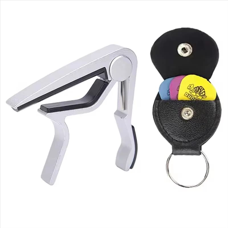 Set di capotasto e plettro in metallo B48B-5 pezzi in borsa PU, adatto per chitarra, ukulele, basso - Accessori universali per strumenti a corda