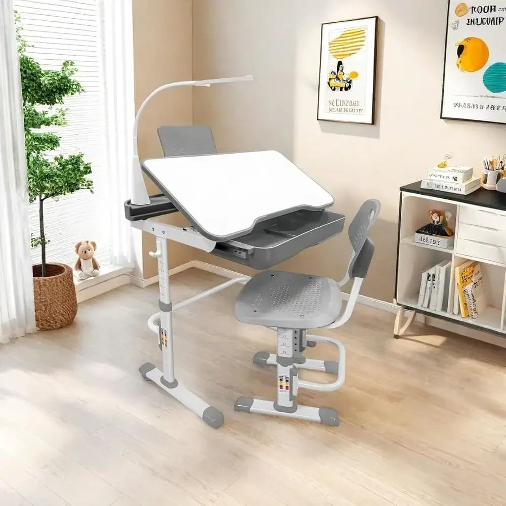Kids Desk and Chair Set,Height Adjustable,Spacious Storage Der,with Adjustable ed Desktop, Bookstand, Touch Led Lamp or School S