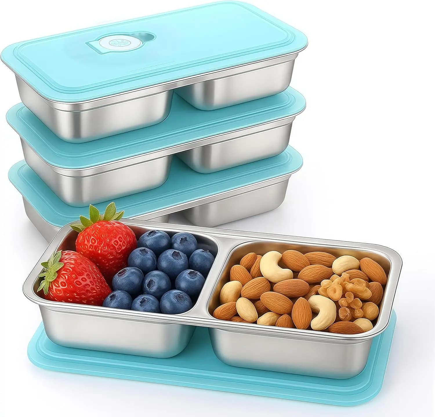 Set di 4 Contenitori Bento in Acciaio Inox 304, Scatole per Alimenti a 2 Scomparti con Coperchi, Lavabili in Lavastoviglie, Contenitori per Pranzo
