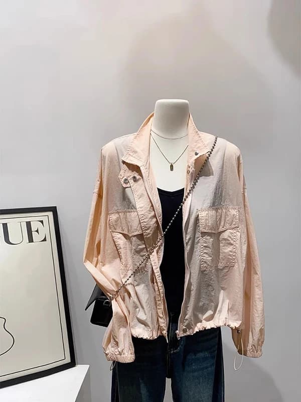 Casual Sportswear Women's Short Zipper Neck Drawstring UV Protection Jacket Summer Fashionable Workwear Long Sleeve Pure Color