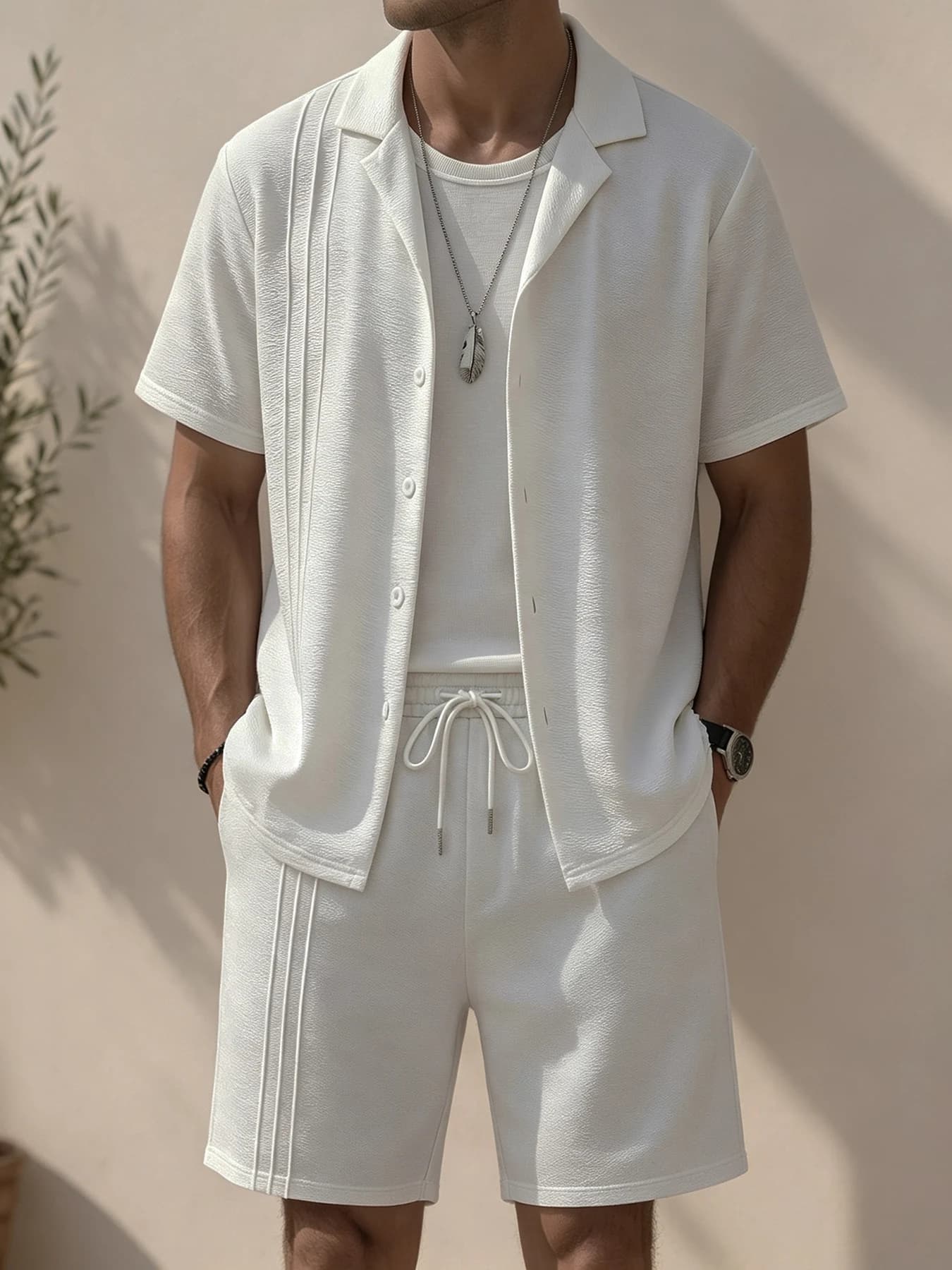 Men's White Textured Cuban Collar Short-Sleeved Shirt and Drawstring Shorts Two-Piece Set, Solid Color Casual Outfit, Lightweight and Breathable Summer Vacation Outfit