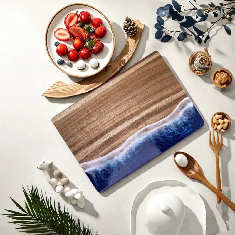 Tagliere in legno di acacia con onda in resina e resina epossidica marina, padella per cucina, preparazione dei pasti, vassoio da portata, formaggio e tagliere