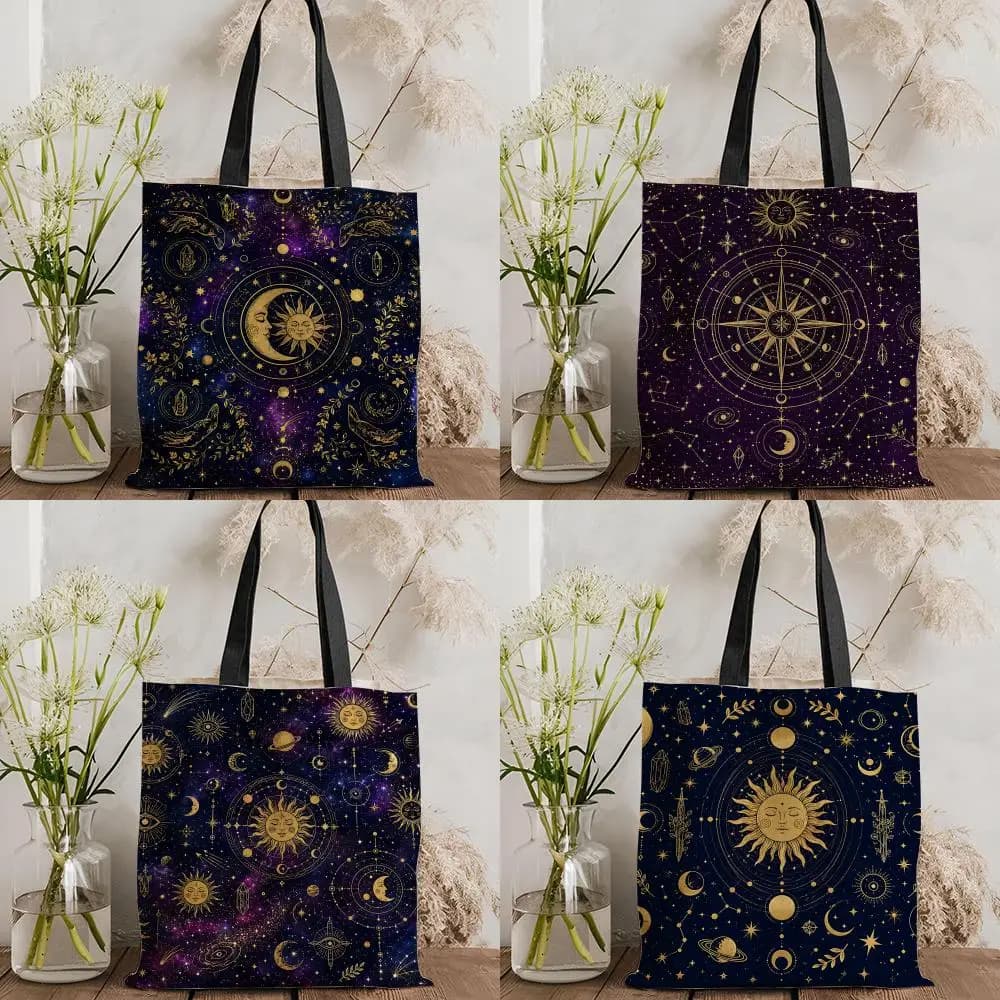 Tarot Cards Sun Star Moon Storage Bags Canvas Tote Bag Women Large Capacity Reusable Eco Shopping Bag Shoulder Handbag
