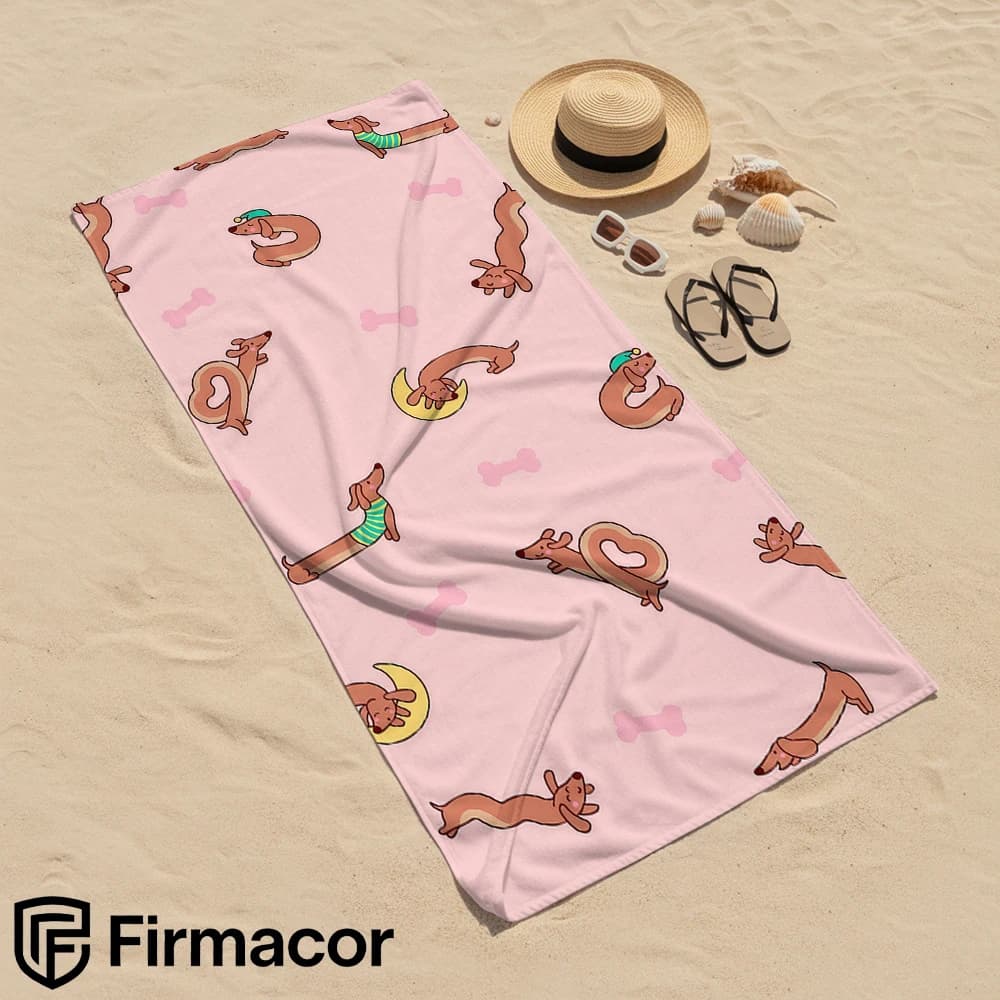 Pink Base Dachshund Bone Cartoon Anime Beach Towel Microfiber Quick Dry Super Absorbent Soft Bath Towel for Kids Adults Travel