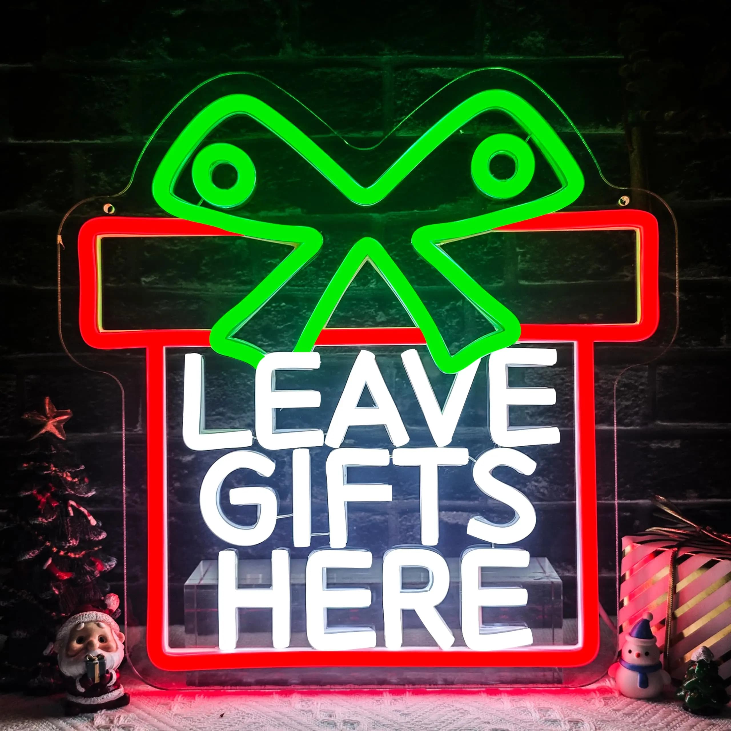 Confezione regalo di Natale Insegna al neon con interruttore dimmerabile Lascia regali qui Insegna luminosa per decorazioni murali Festa per bambini Inverno Casa Camera