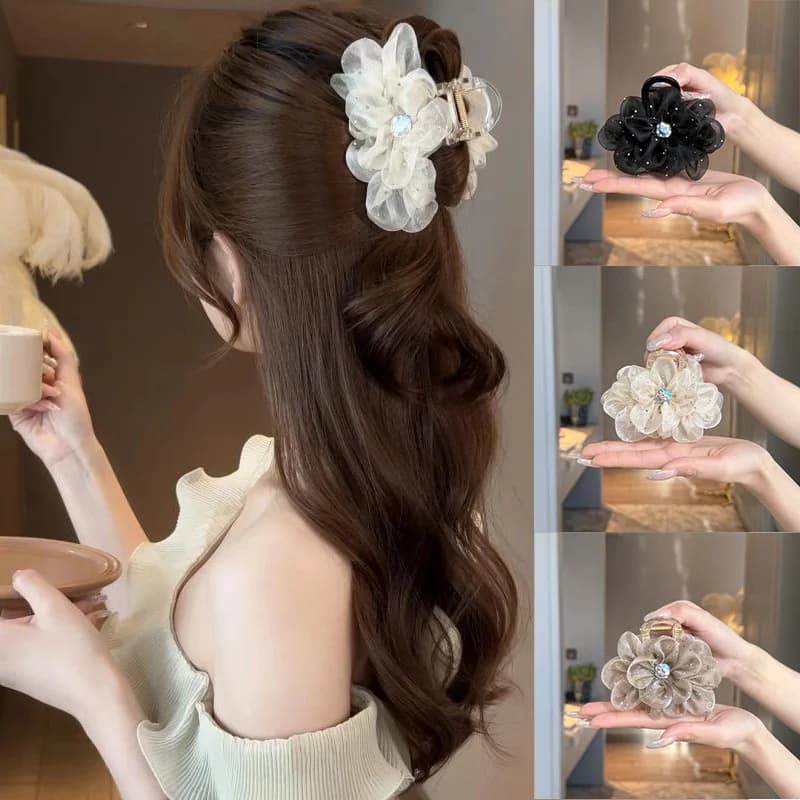 Fermaglio per capelli con strass per donna Elegante stile coreano Maglia Fiore Squalo Clip Moda Ragazza Coda di cavallo Morsetto per capelli