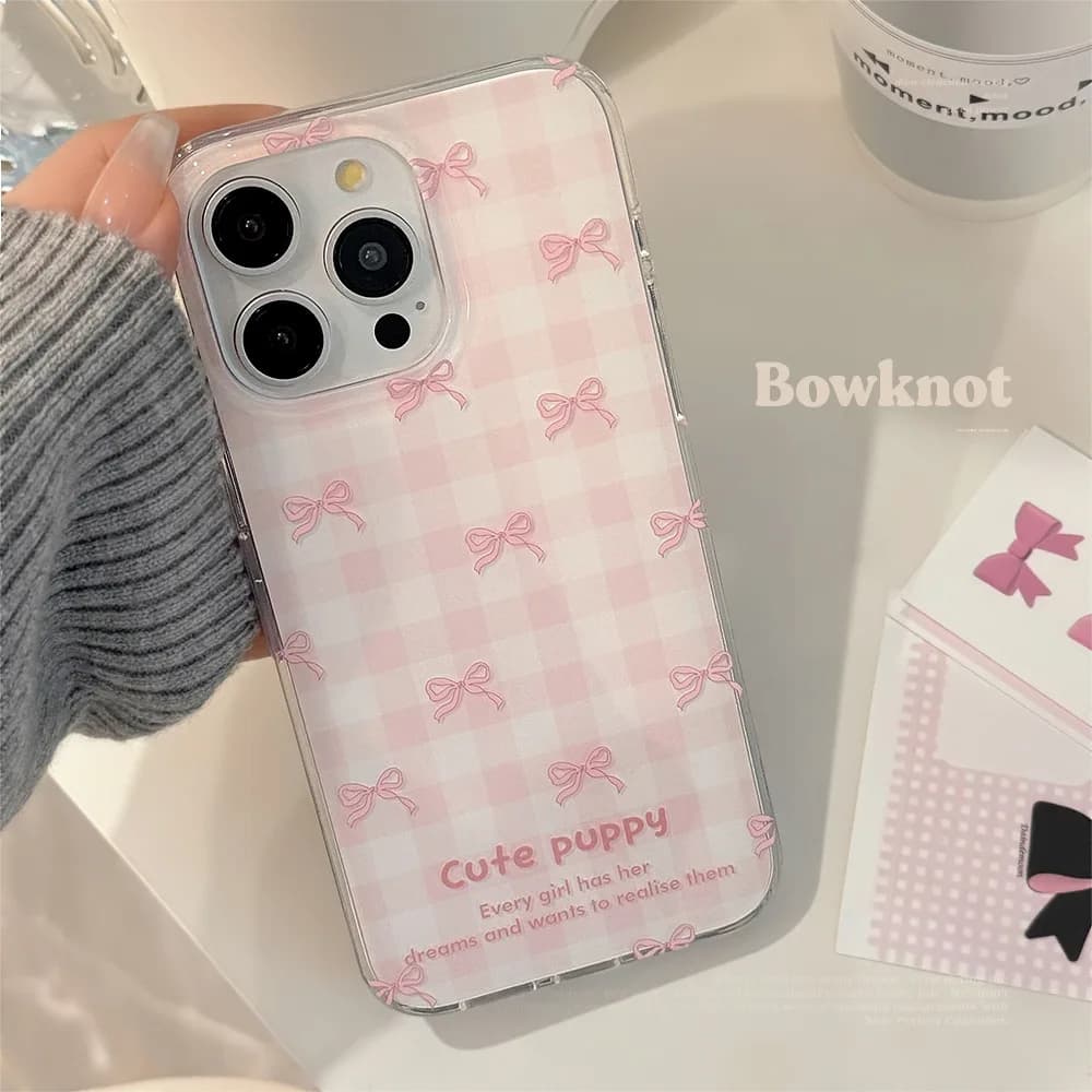 Custodia Protettiva Morbida Antiurto Coreana Rosa con Fiocco e Motivo a Griglia per iPhone 17 Air 16 15 14 13 12 Pro Max 16 Plus