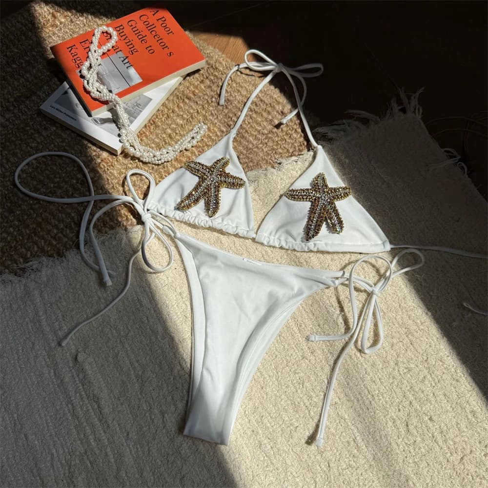 Costume da bagno da spiaggia con strass lucidi, costume da bagno da spiaggia con stelle marine, costumi da bagno con lacci, costume da bagno da donna, bikini da spiaggia, 2 pezzi