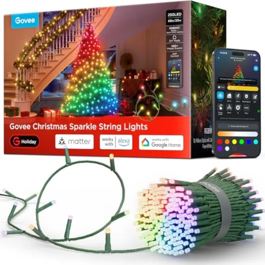 Indoor holiday decorations: copper wire, warm white, 66ft Christmas sparkle string lights with 250 bullet-head LEDs, 140+ scene