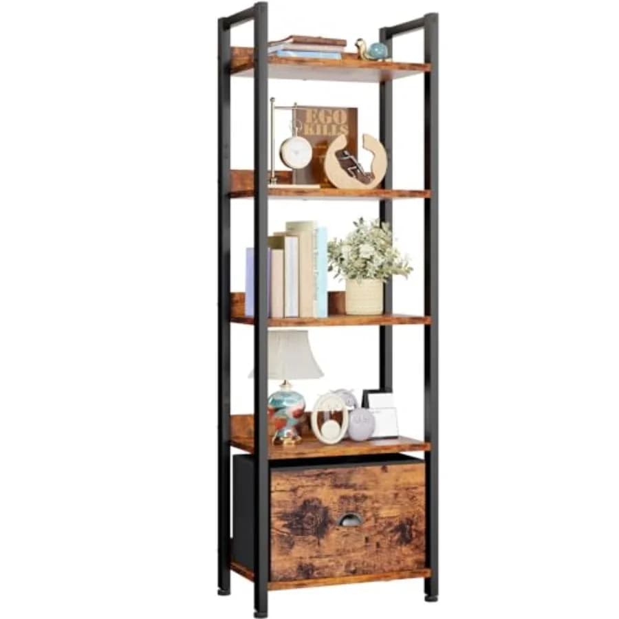 Libreria a 5 Ripiani con Cassetto, Scaffale Alto e Stretto con Mensole, Organizzatore per Libri in Legno e Metallo, Stile Industriale