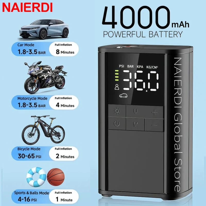 NAIERDI Gonfiatore Pneumatici Wireless Intelligente, Pompa d'Aria Portatile per Auto e Bici, 150PSI, Display LED, Mini Pompa Elettrica