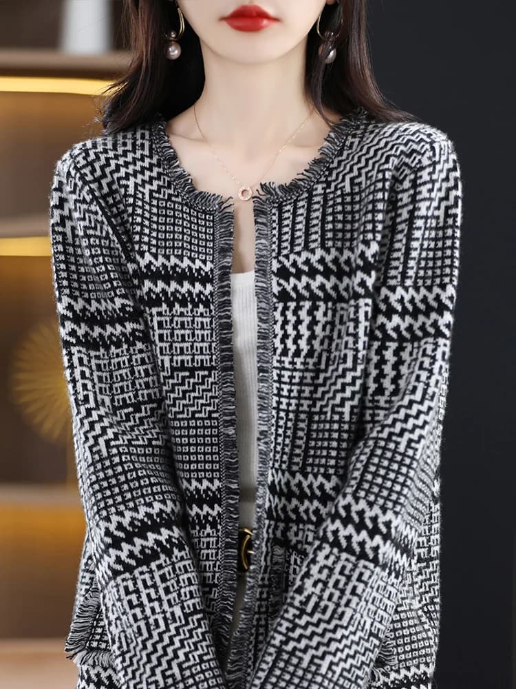 Classico 100% lana merino maglione da donna autunno inverno uccello reticolo cardigan lavorato a maglia moda tuta sportiva manica lunga abbigliamento top