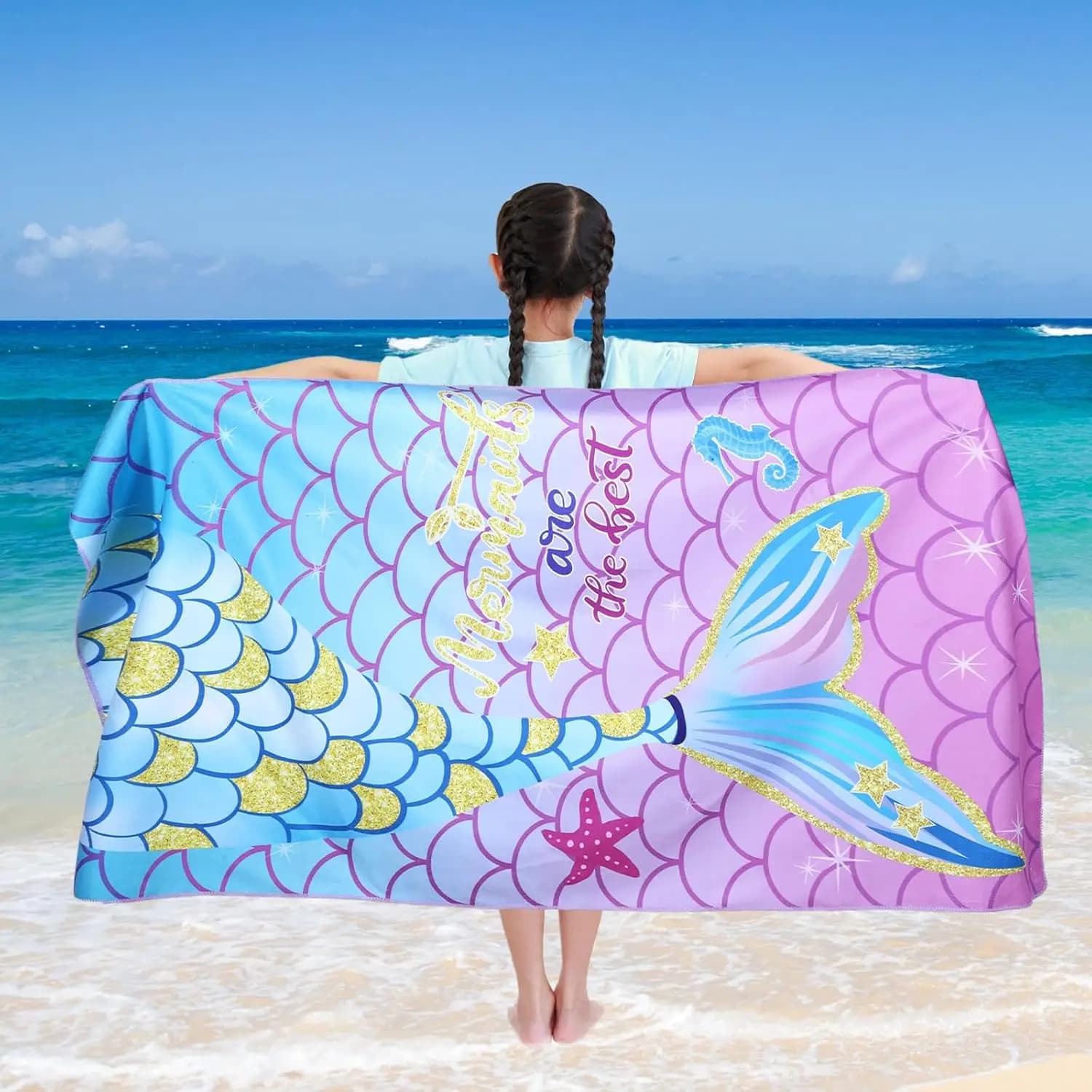 Asciugamani da Spiaggia per Bambini a Tema Sirena, Asciugatura Rapida, Anti-Sabbia, Assorbenti, per Bagno, Piscina, Spiaggia, Viaggi, Doccia, Nuoto, Campeggio