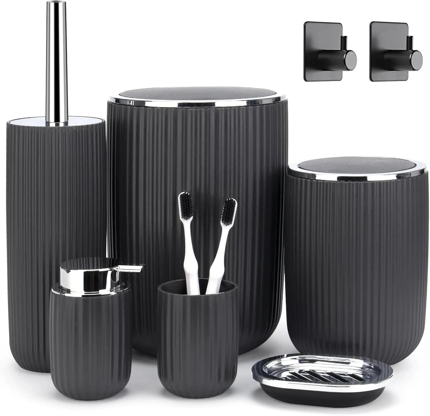 Set Bagno Moderno 8 Pezzi con Cestino, Scopino WC, Dispenser Sapone, Porta Spazzolino, Gancio Adesivo in Grigio