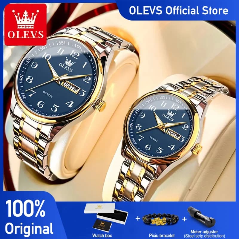 OLEVS 5567 Coppia di orologi al quarzo Orologio da polso luminoso impermeabile per amante Data Orologio da polso da uomo e da donna Moda semplice