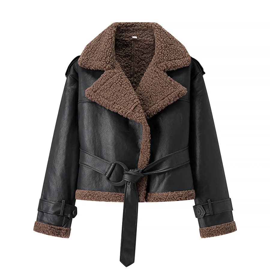 Cappotto elegante da donna con cintura, giacca vintage in pelle nera con fodera marrone e cintura in vita per l'inverno NZK6